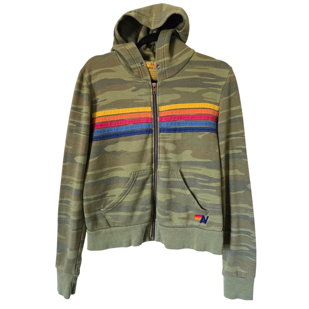 Aviator Nation Camo Rainbow 5-Stripe Zip Up Hoodie Green XS Made‎ in USA